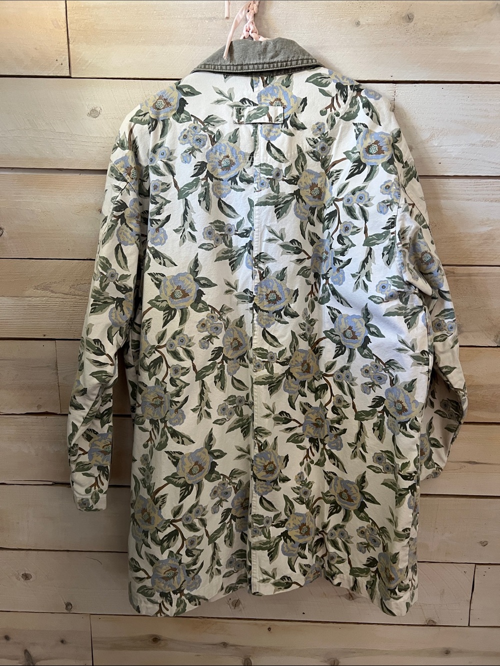 Vintage 90s Eddie Bauer Tan Blue Floral Chore Barn Field Coat Jacket Large - Picture 4 of 7